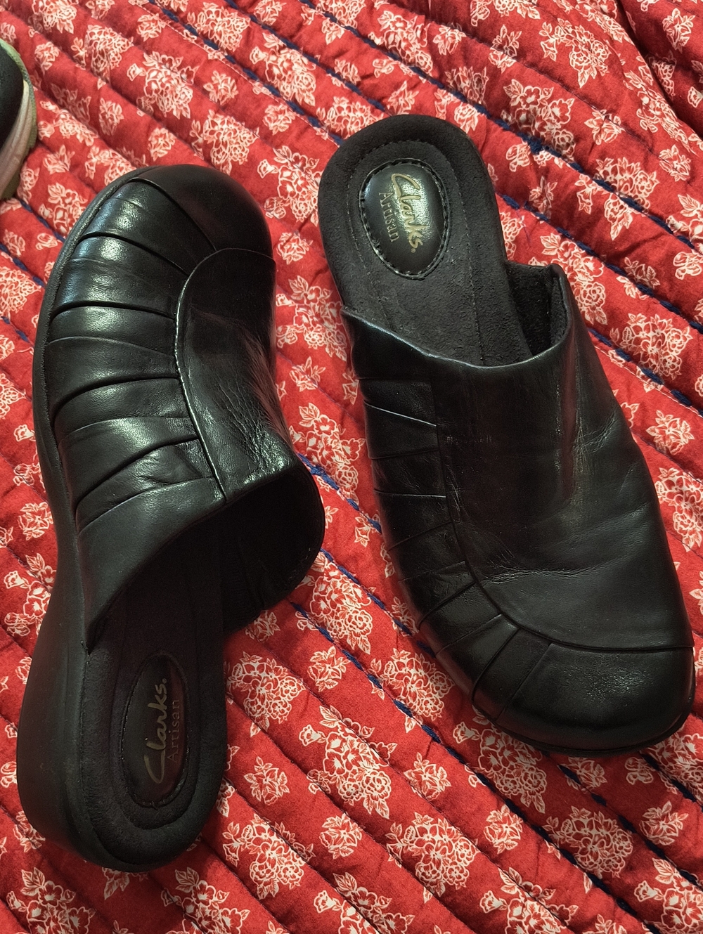 Clarks Artisan Black Leather Mules with Pleated Upper